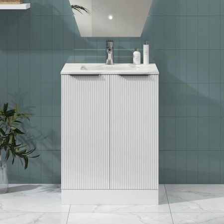 Lyon Fluted Gloss White 2 Door Floor Standing Vanity Unit with Carrara Marble Top