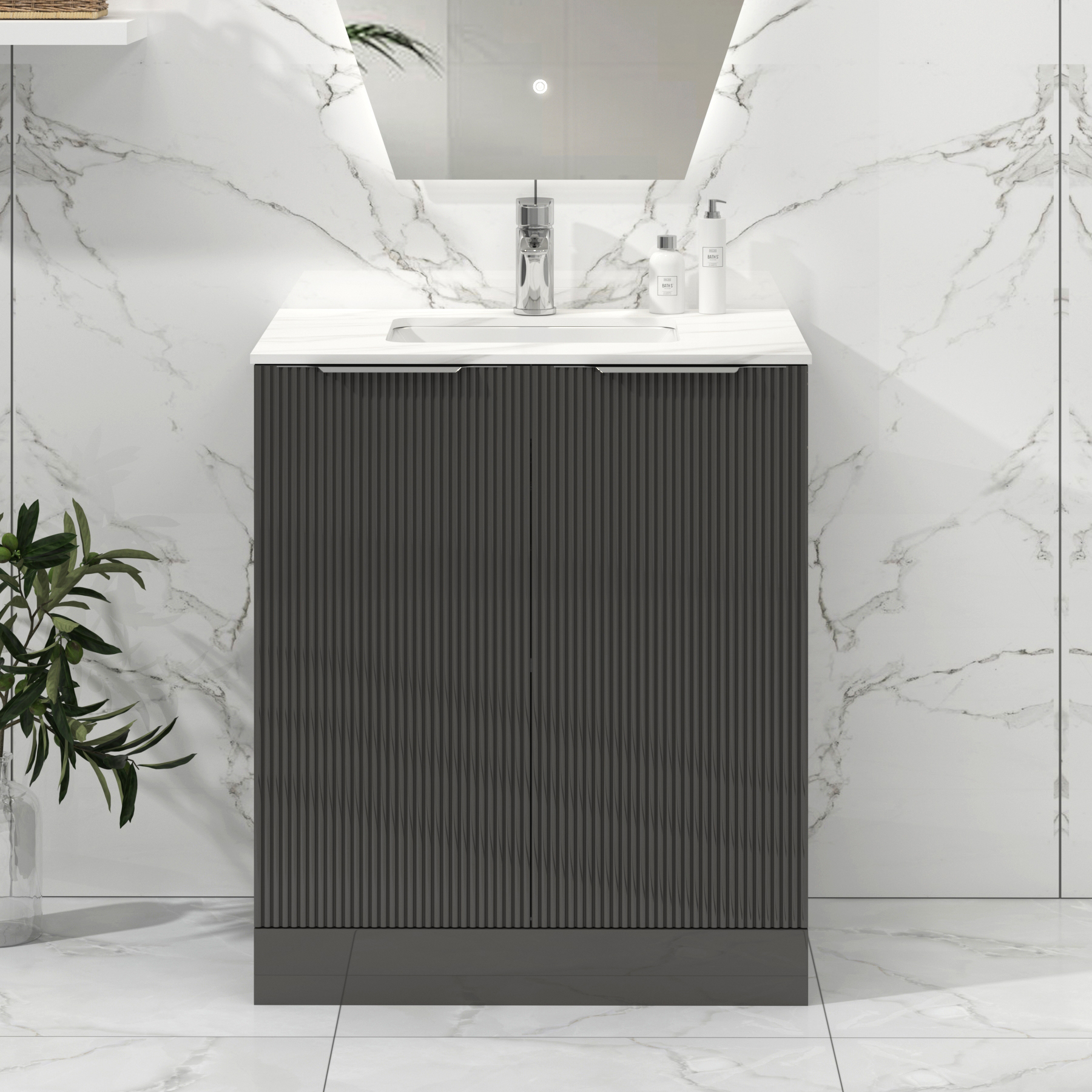 Lyon 700mm Gloss Anthracite Fluted Floor Standing Vanity Unit 2 Door with Carrara White Top
