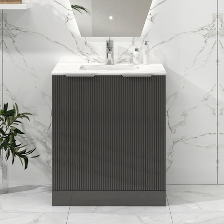 Lyon Fluted Gloss Anthracite 2 Door Floor Standing Vanity Unit with Carrara Marble Top