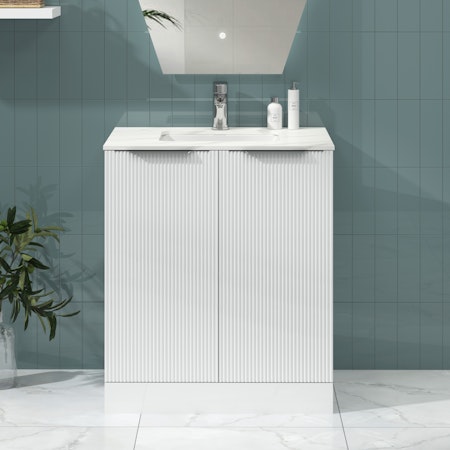 Lyon 700mm Gloss White Fluted Floor Standing Vanity Unit 2 Door with Carrara White Top