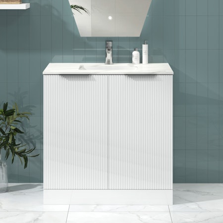 Lyon 800mm Gloss White Fluted Floor Standing Vanity Unit 2 Door with Carrara White Top