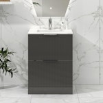 Lyon 600mm Gloss Anthracite Fluted Floor Standing Vanity Unit 2 Drawer with Carrara White Top
