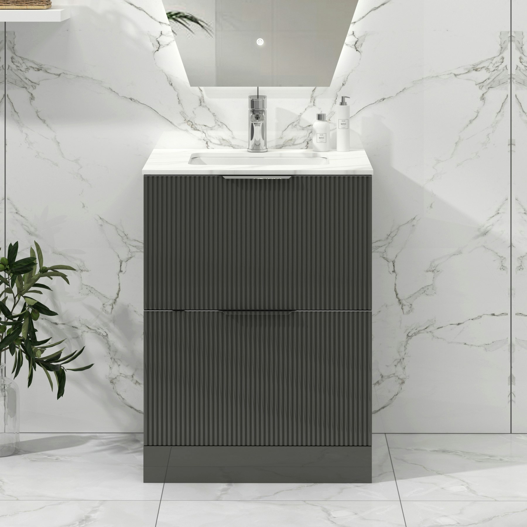 Lyon Fluted Gloss Anthracite 2 Drawer Floor Standing Vanity Unit with Carrara White Top