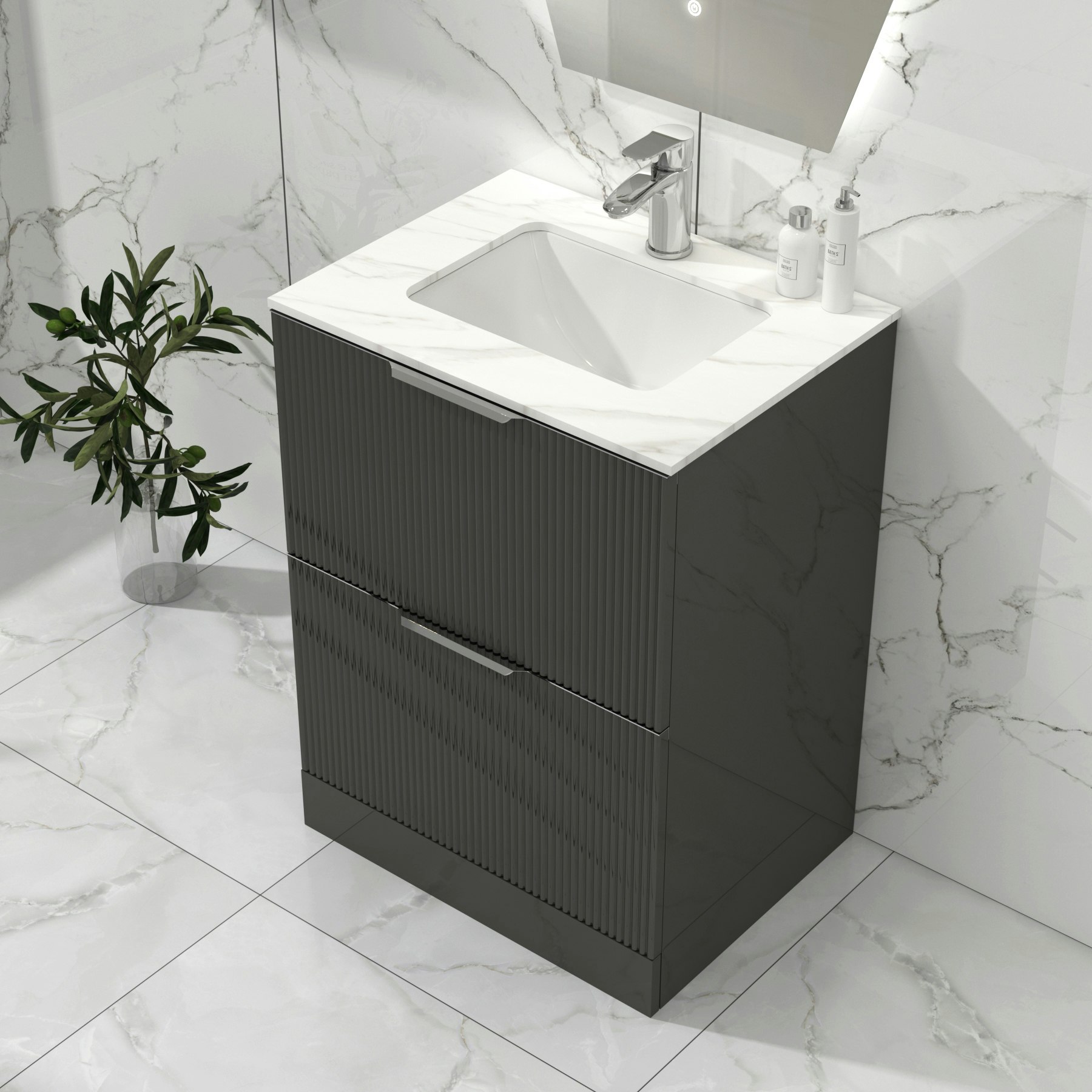 Lyon 600mm Gloss Anthracite Fluted Floor Standing Vanity Unit 2 Drawer with Carrara White Top