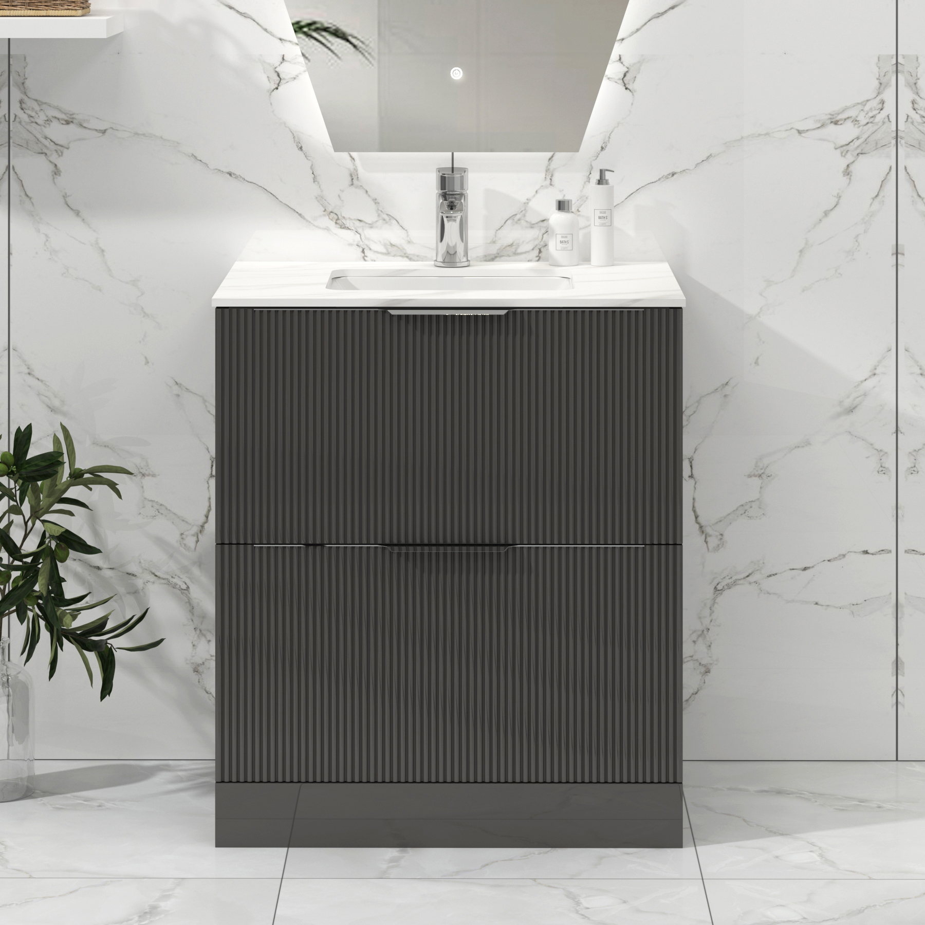 Lyon 700mm Gloss Anthracite Fluted Floor Standing Vanity Unit 2 Drawer with Carrara White Top