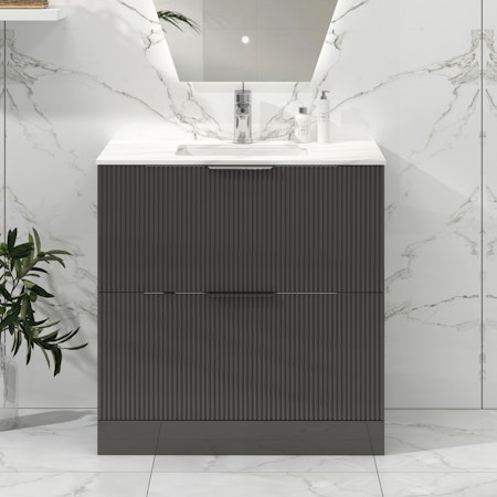 Lyon 800mm Gloss Anthracite Fluted Floor Standing Vanity Unit 2 Drawer with Carrara White Top