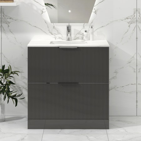 Lyon 800mm Gloss Anthracite Fluted Floor Standing Vanity Unit 2 Drawer with Carrara Marble Top
