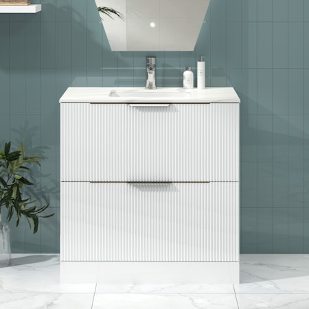 Lyon 800mm Gloss White Fluted Floor Standing Vanity Unit 2 Drawer with Carrara White Top