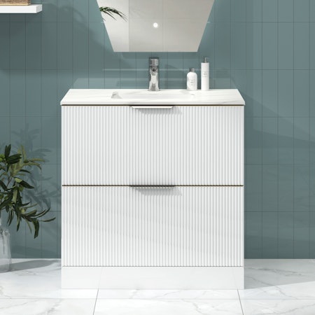 Lyon Fluted Gloss White 2 Drawer Floor Standing Vanity Unit with Carrara Marble Top