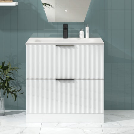 Lyon Fluted Gloss White 2 Drawer Floor Standing Vanity Unit with Stone Basin