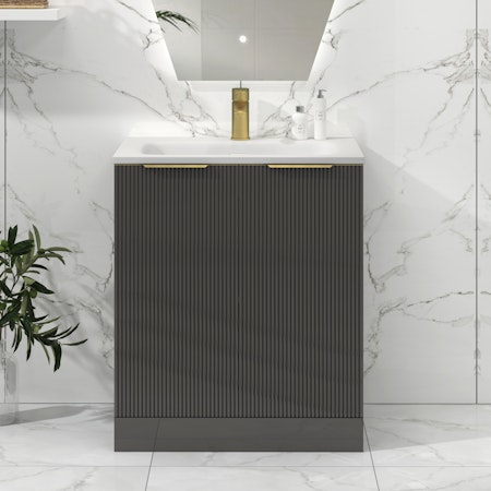 Lyon Fluted Gloss Anthracite 2 Door Floor Standing Vanity Unit with Stone Basin
