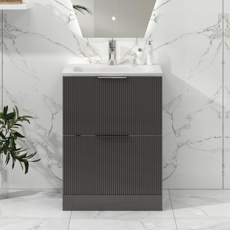 Lyon Fluted Gloss Anthracite 2 Drawer Floor Standing Vanity Unit with Stone Basin