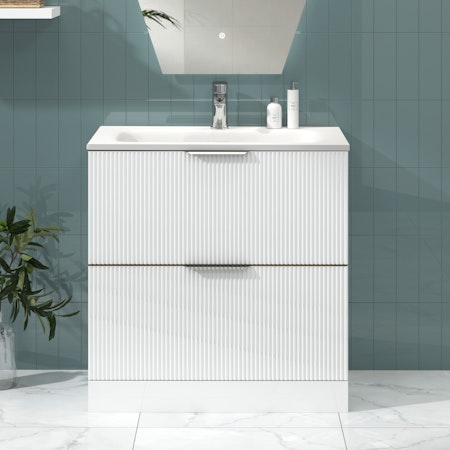 Lyon 800mm Gloss White Fluted Floor Standing Vanity Unit 2 Drawer with Stone Basin