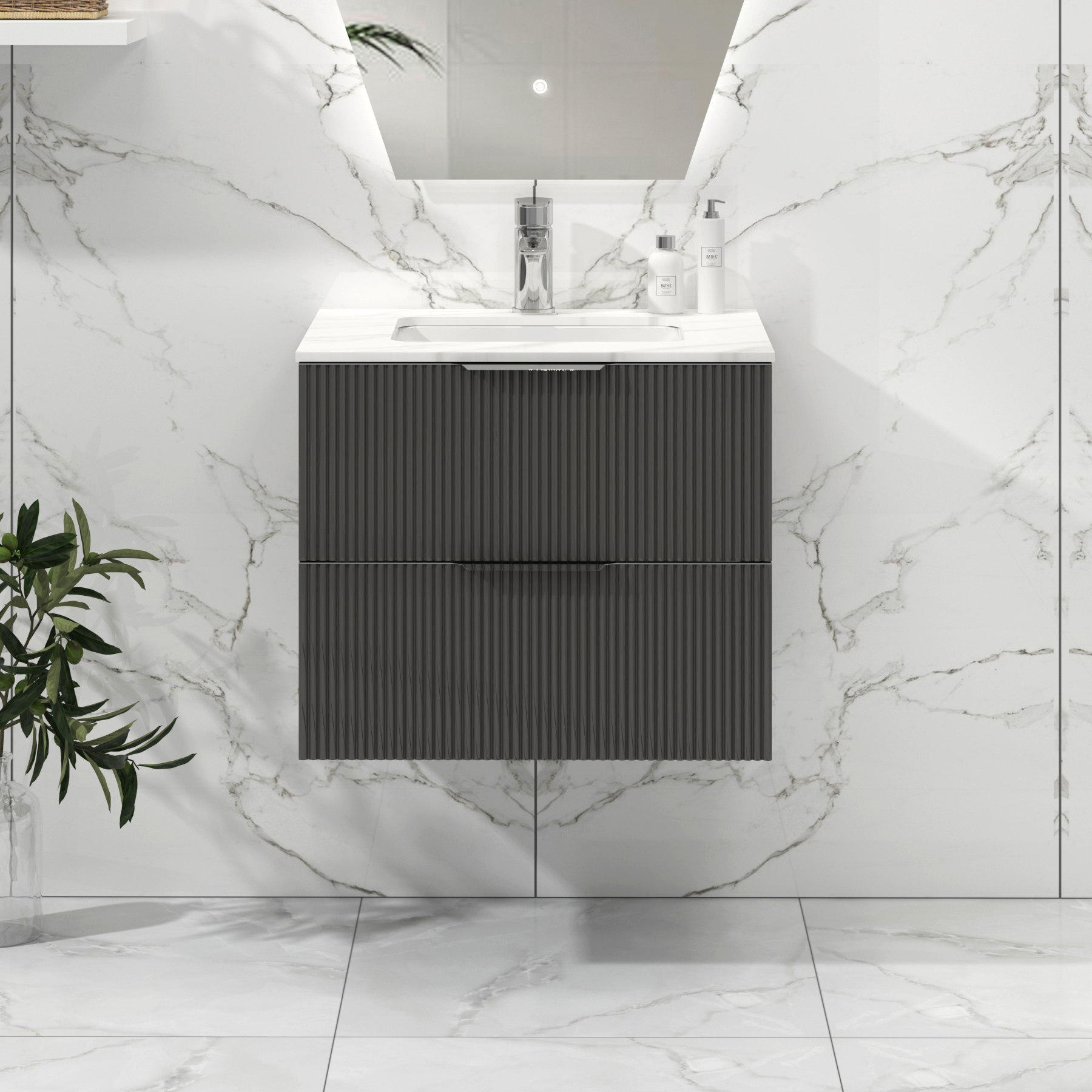 Lyon 600mm Gloss Anthracite Fluted Wall Hung Vanity Unit 2 Drawer with Carrara White Top