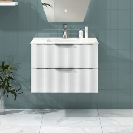 Lyon Fluted Gloss White 2 Drawer Wall Hung Vanity Unit with Carrara White Top