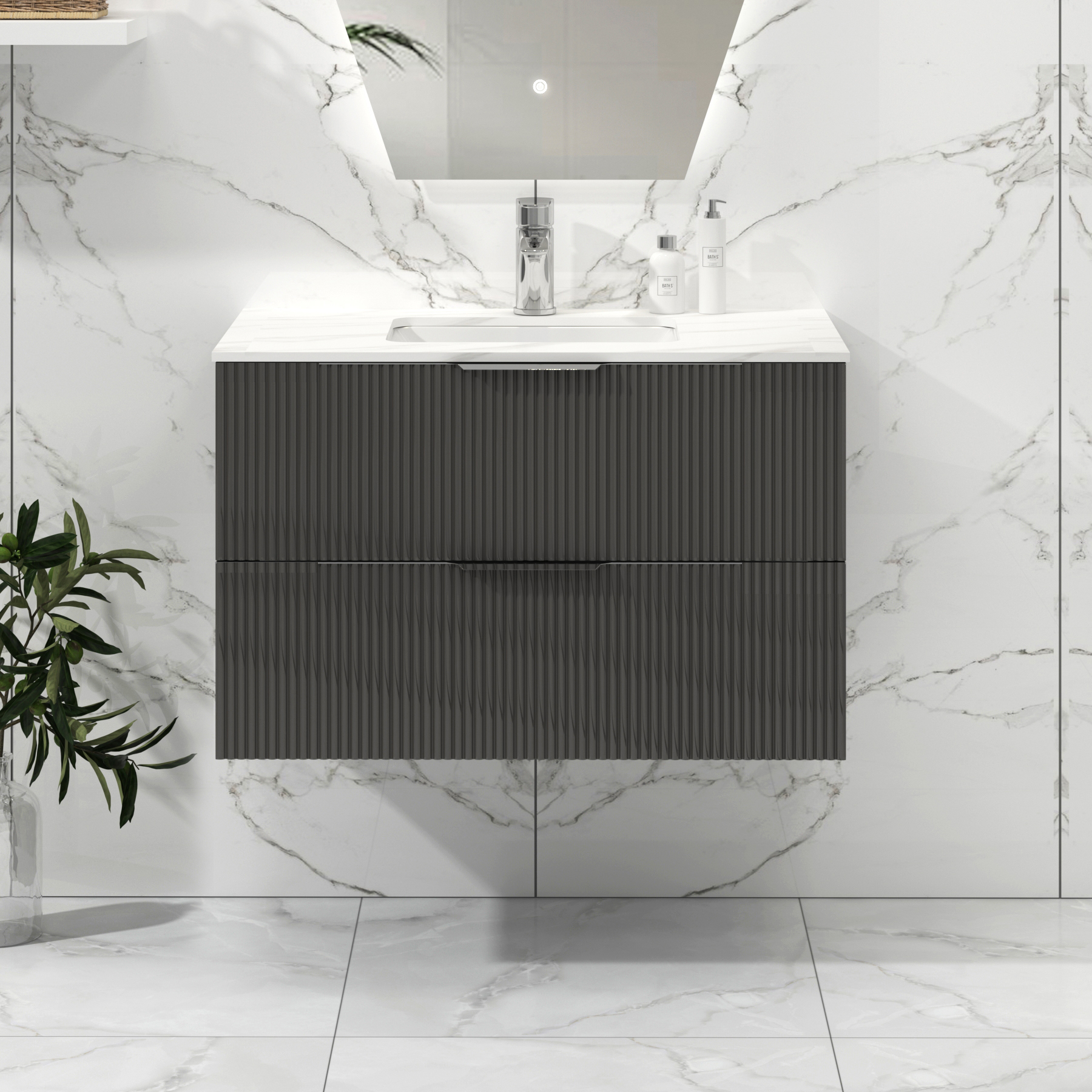 Lyon Fluted Gloss Anthracite 2 Drawer Wall Hung Vanity Unit with Carrara White Top