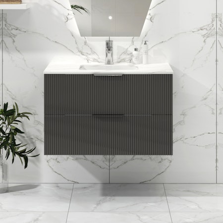 Lyon 800mm Gloss Anthracite Fluted Wall Hung Vanity Unit 2 Drawer with Carrara White Top
