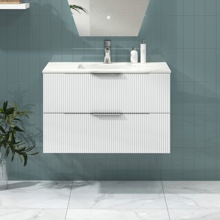 Lyon 800mm Gloss White Fluted Wall Hung Vanity Unit 2 Drawer with Carrara White Top
