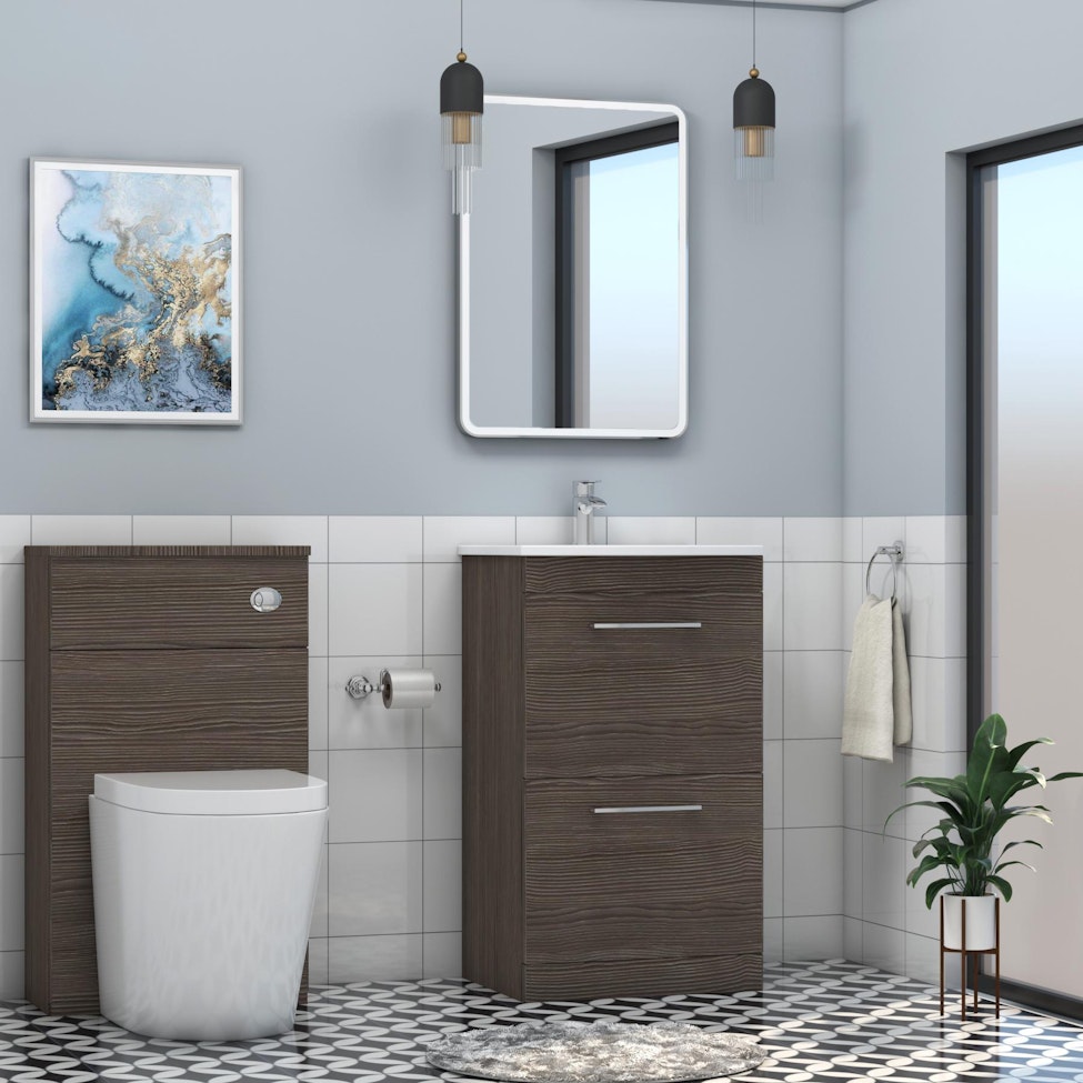 Marbella 500mm Floor Standing Vanity Unit with 2 Drawer Grey Elm Cabinet & Curved Basin