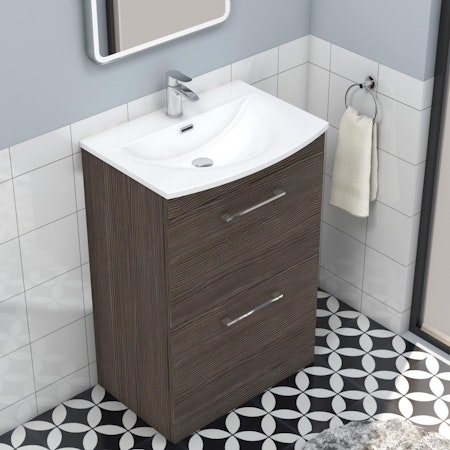  Marbella Grey Elm 2 Drawer Floor Standing Vanity Unit with Curved Basin - Multiple Sizes & Handles