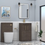 Marbella 500mm Floor Standing Vanity Unit with 2 Door Grey Elm with Brushed Brass Handle & Curved Basin