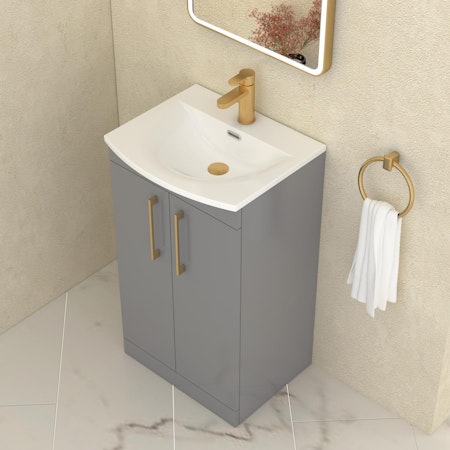 Marbella 500mm Floor Standing Vanity Unit with 2 Door Indigo Grey Gloss with Brushed Brass Handle & Curved Basin
