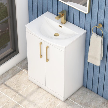  Marbella 500/600/800mm Gloss White 2 Door Floor Standing Vanity Unit Brushed Brass Handle with Curved Basin
