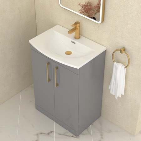 Marbella 600mm Floor Standing Vanity Unit with 2 Door Indigo Grey Gloss with Brushed Brass Handle & Curved Basin