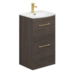 Marbella 500mm Floor Standing Vanity Unit with 2 Drawer Grey Elm with Brushed Brass Handle & Curved Basin