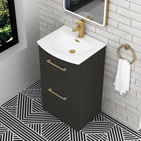 Marbella 500mm Floor Standing Vanity Unit with 2 Drawer Hale Black with Brushed Brass Handle & Curved Basin