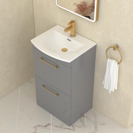 Marbella 500mm Floor Standing Vanity Unit with 2 Drawer Indigo Grey Gloss with Brushed Brass Handle & Curved Basin