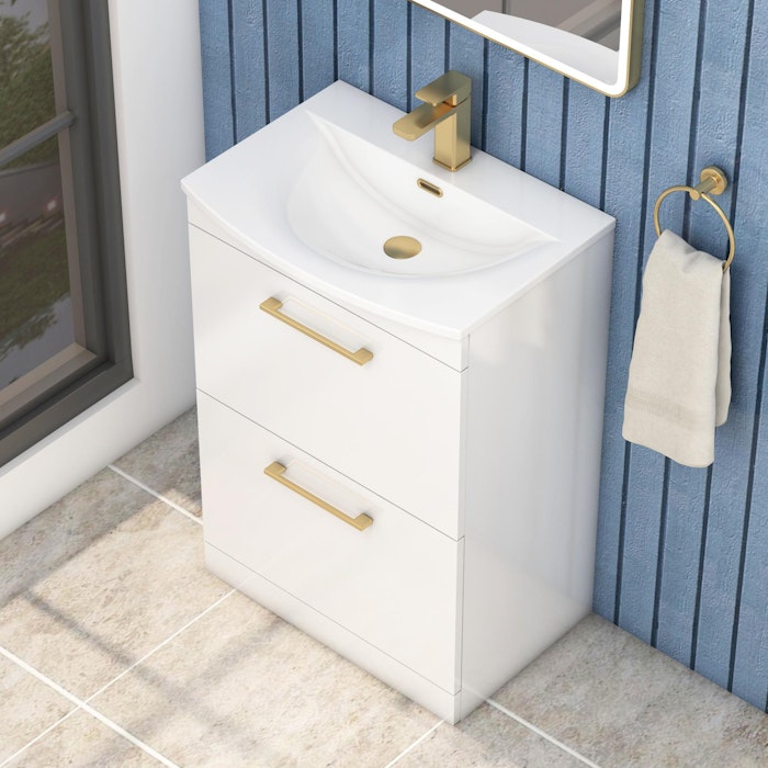 Marbella Gloss White 2 Drawer Floor Standing Vanity Unit with Curved ...