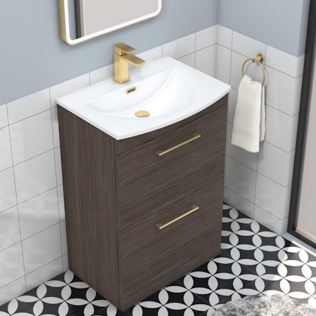 Marbella 600mm Floor Standing Vanity Unit with 2 Drawer Grey Elm with Brushed Brass Handle & Curved Basin