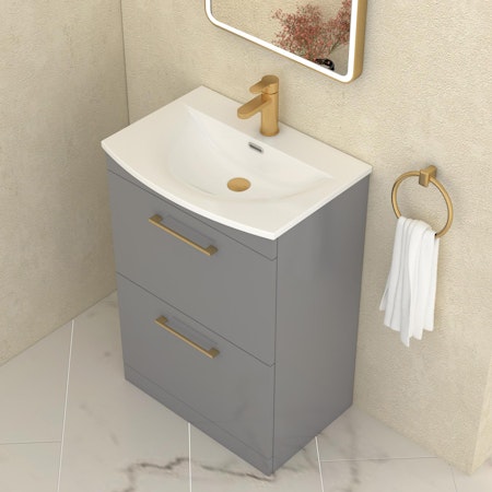 Marbella 600mm Floor Standing Vanity Unit with 2 Drawer Indigo Grey Gloss with Brushed Brass Handle & Curved Basin