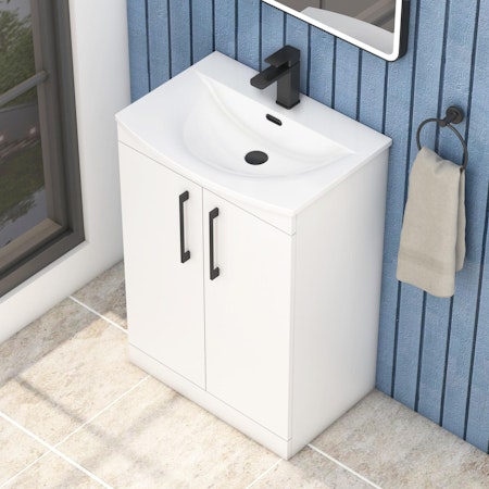  Marbella Gloss White 2 Door Floor Standing Vanity Unit with Curved Basin - Multiple Sizes & Handles