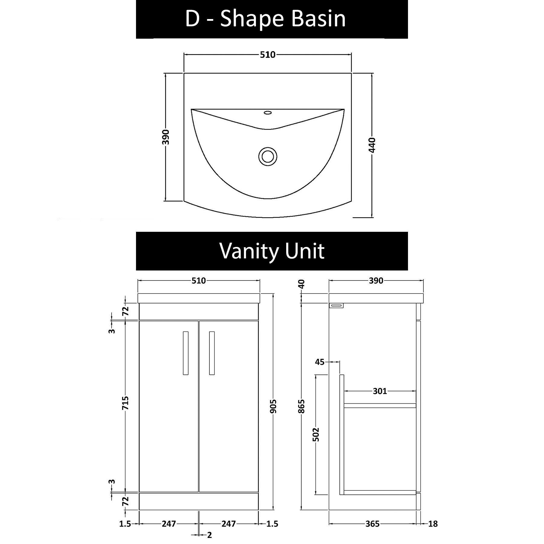 Marbella 500mm Floor Standing Vanity Unit with 2 Door Grey Elm with Brushed Brass Handle & Curved Basin