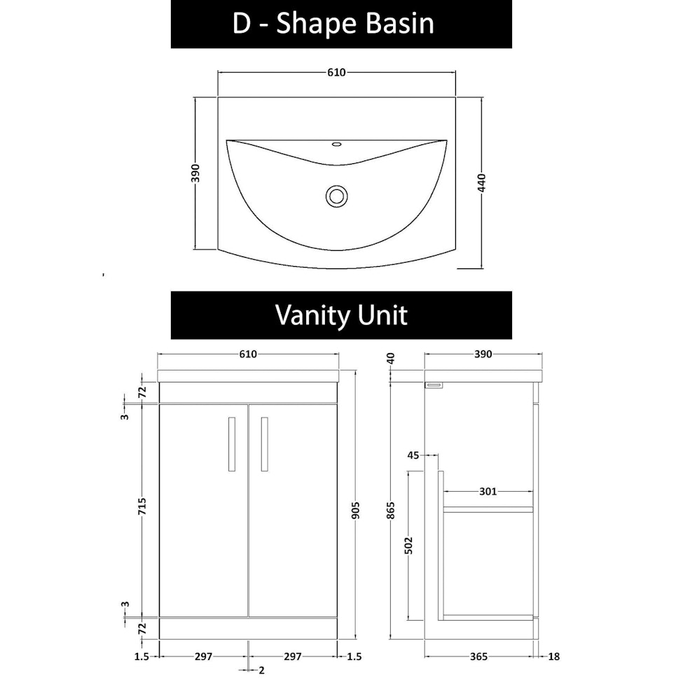 Marbella 600mm Floor Standing Vanity Unit with 2 Door Grey Elm with Brushed Brass Handle & Curved Basin