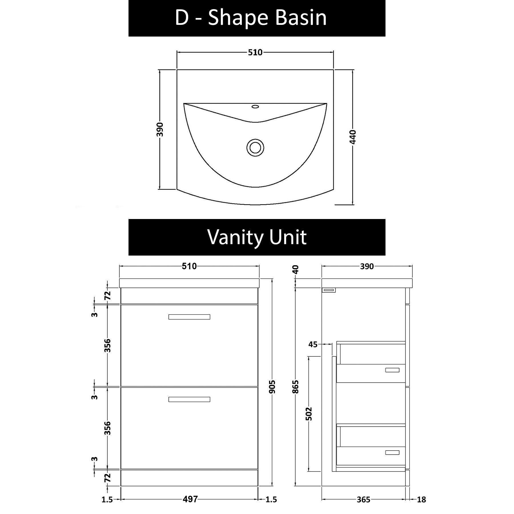  Marbella 500/600/800mm Grey Elm 2 Drawer Floor Standing Vanity Unit Black Handle with Curved Basin