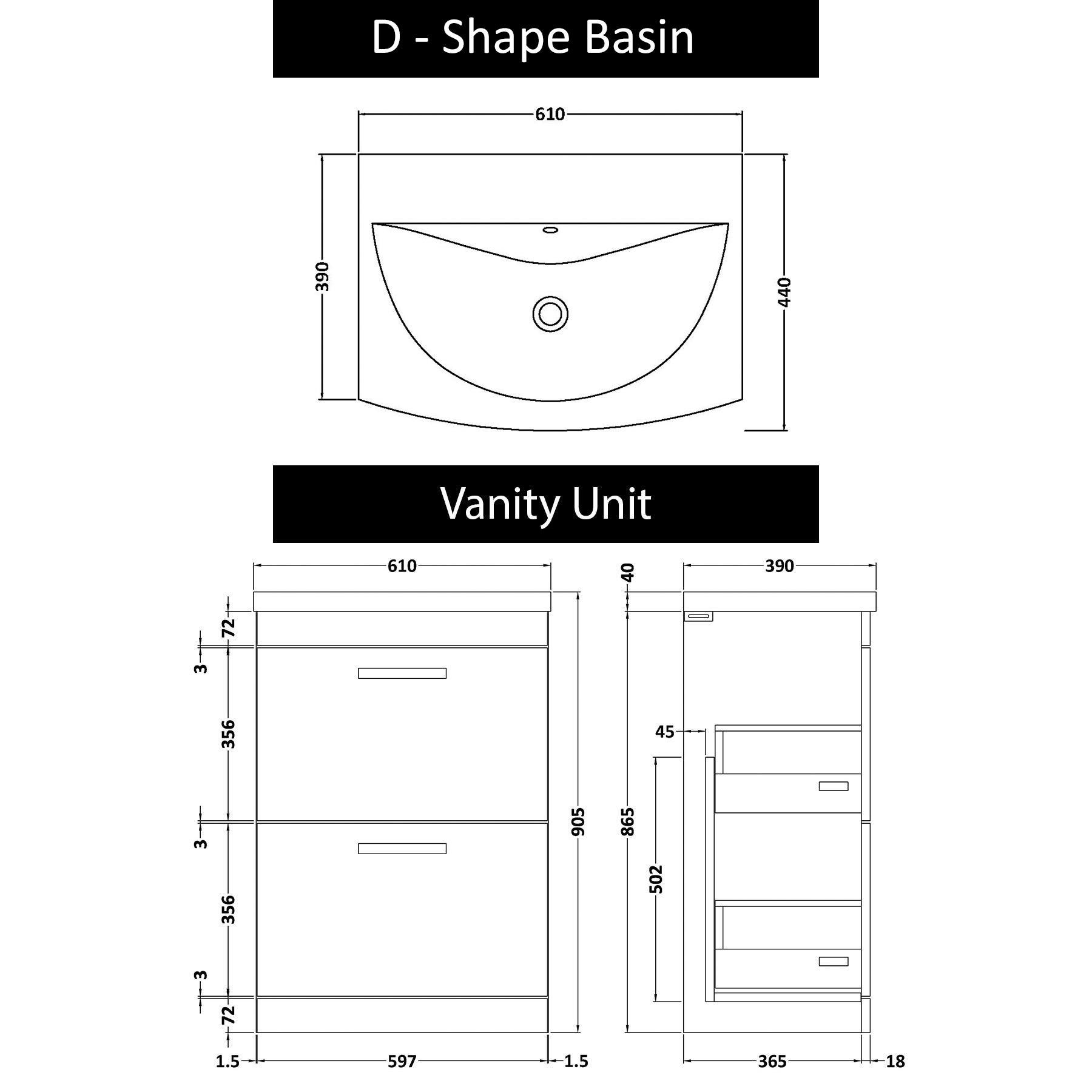  Marbella 500/600/800mm Grey Elm 2 Drawer Floor Standing Vanity Unit with Curved Basin