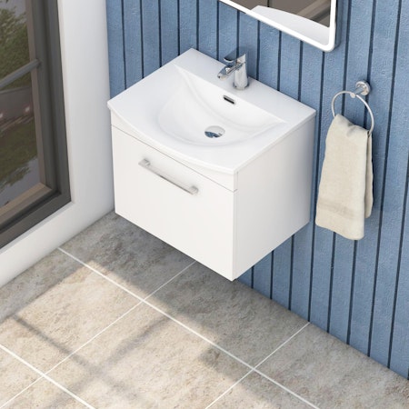  Marbella 500/600/800mm Gloss White 1 Drawer Wall Hung Vanity Unit with Curved Basin
