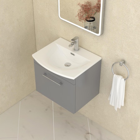  Marbella 500/600/800mm Indigo Grey Gloss 1 Drawer Wall Hung Vanity Unit with Curved Basin