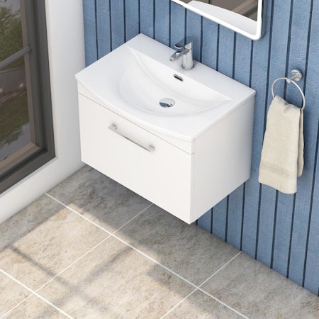 Marbella 600mm Wall Hung Vanity Unit with 1 Drawer Gloss White Cabinet & Curved Basin
