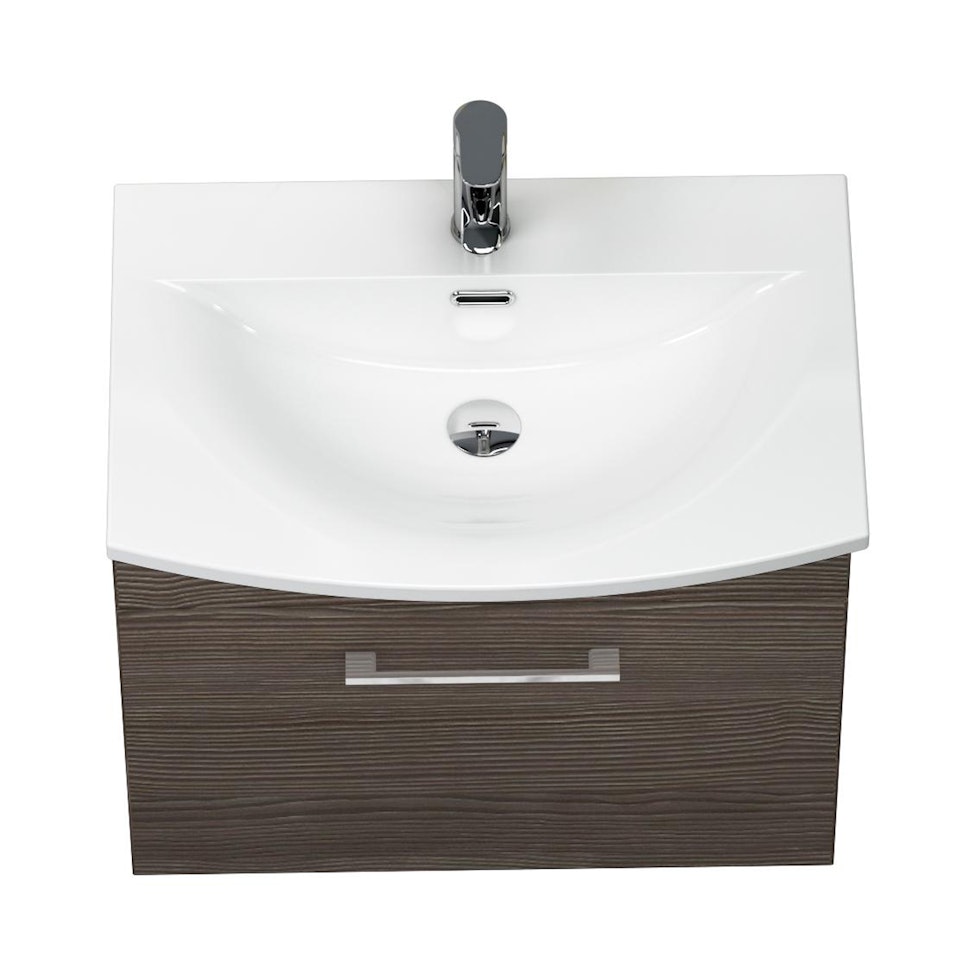 Marbella 600mm Wall Hung Vanity Unit with 1 Drawer Grey Elm Cabinet & Curved Basin