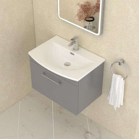 Marbella 600mm Wall Hung Vanity Unit with 1 Drawer Indigo Grey Gloss Cabinet & Curved Basin
