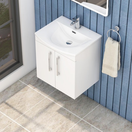 Marbella 500mm Wall Hung Vanity Unit with 2 Door Gloss White Cabinet & Curved Basin