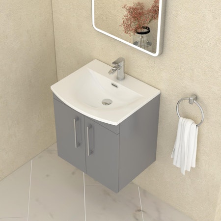 Marbella 500mm Wall Hung Vanity Unit with 2 Door Indigo Grey Gloss Cabinet & Curved Basin