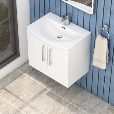 Marbella 600mm Wall Hung Vanity Unit with 2 Door Gloss White Cabinet & Curved Basin