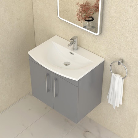 Marbella 600mm Wall Hung Vanity Unit with 2 Door Indigo Grey Gloss Cabinet & Curved Basin