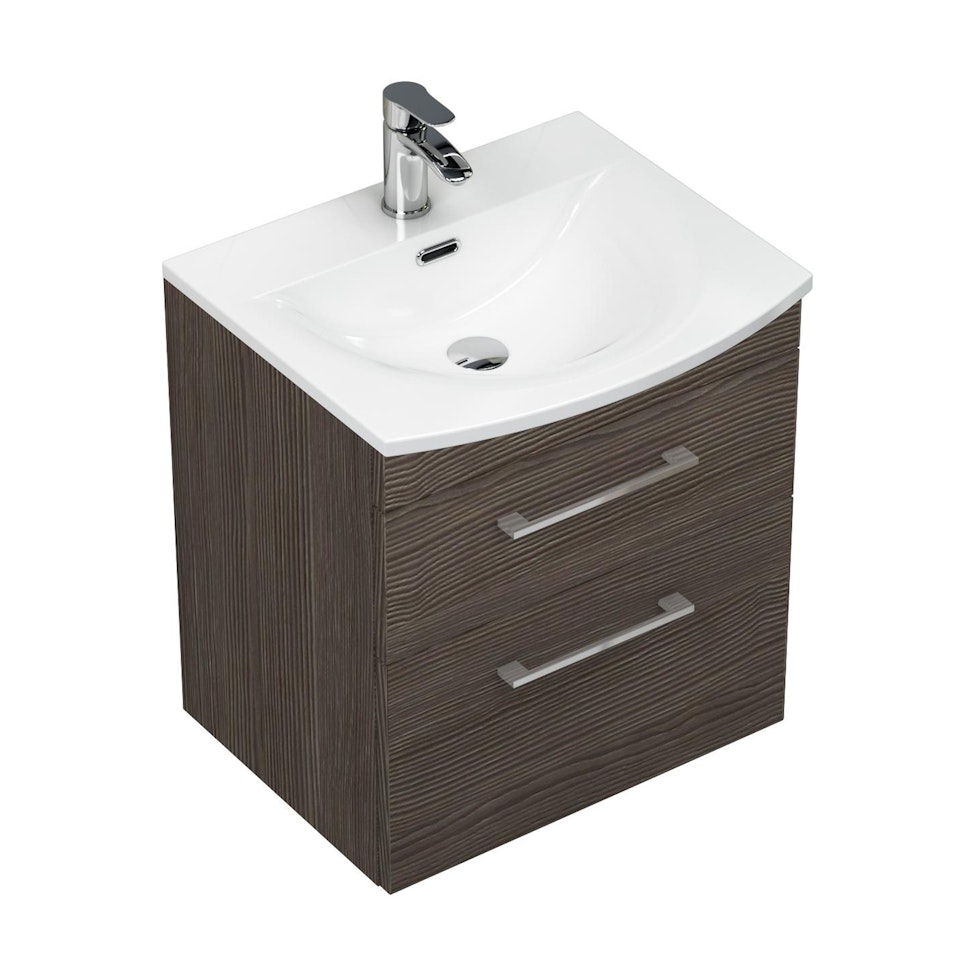 Marbella 500mm Wall Hung Vanity Unit with 2 Drawer Grey Elm Cabinet & Curved Basin