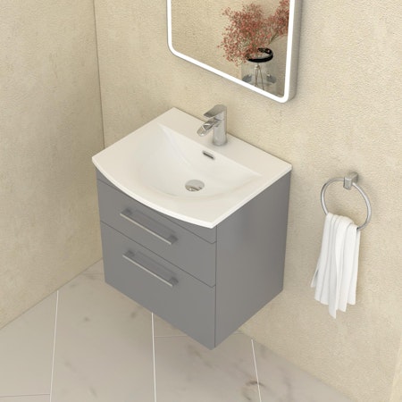 Marbella 500mm Wall Hung Vanity Unit with 2 Drawer Indigo Grey Gloss Cabinet & Curved Basin